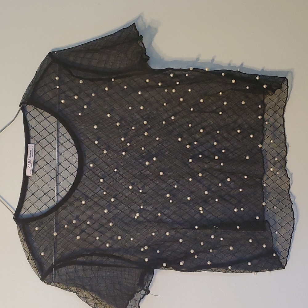 5 For $40 Zara, sheer black top with pearls, M